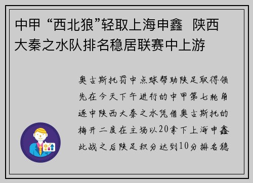 中甲 “西北狼”轻取上海申鑫  陕西大秦之水队排名稳居联赛中上游